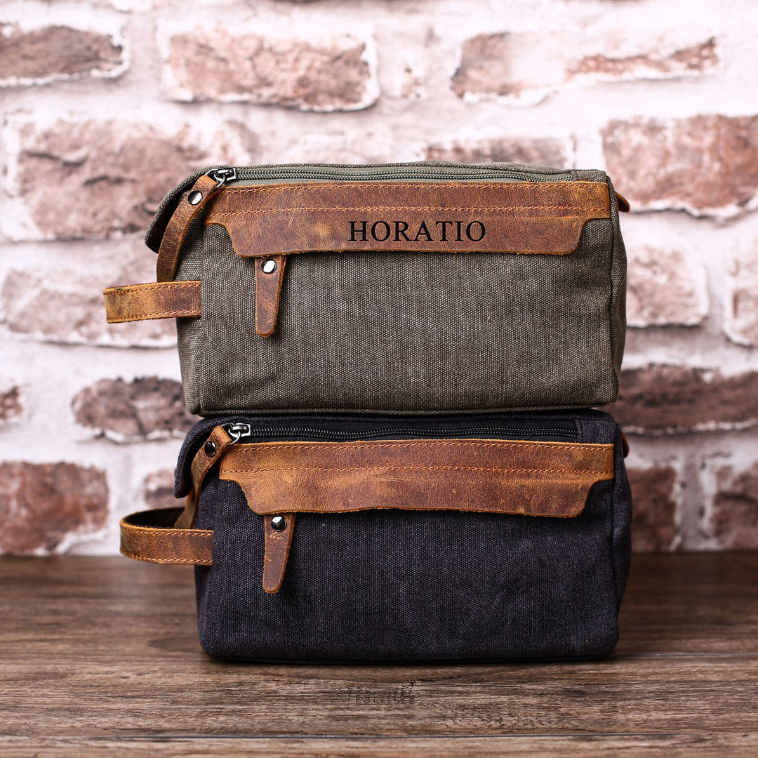 Groomsmen Gift Toiletry Bag Personalized Canvas and Genuine Leather Dopp Kit Groomsman Best Man - NaturalLeatherShop