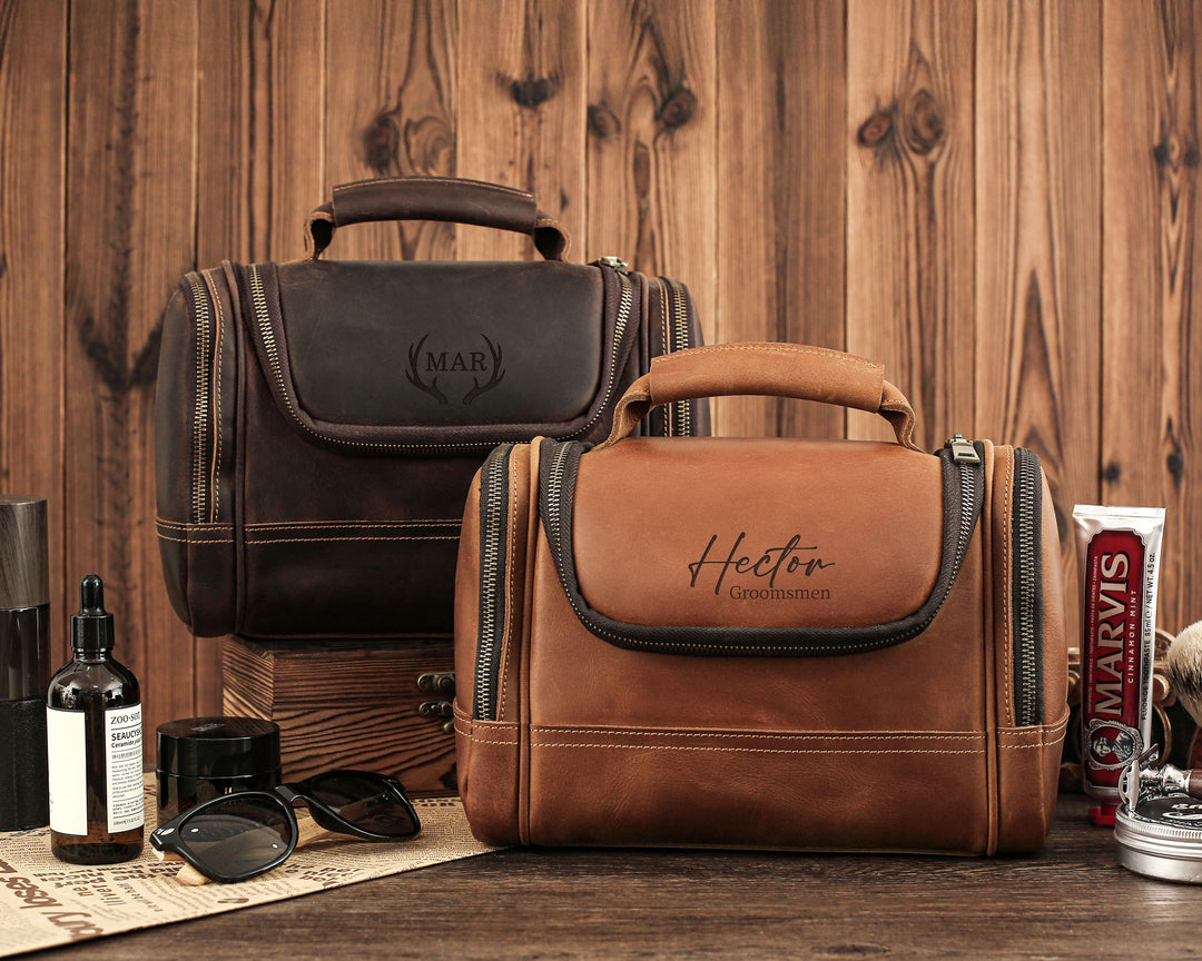 Personalized Leather Travel Dopp Kit, Men’s Toiletry Bag