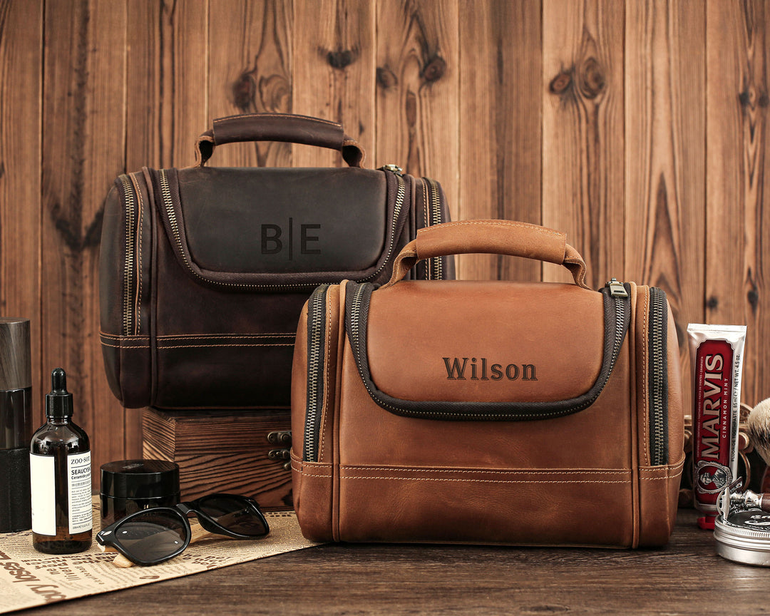 Personalized Leather Travel Dopp Kit, Men’s Toiletry Bag