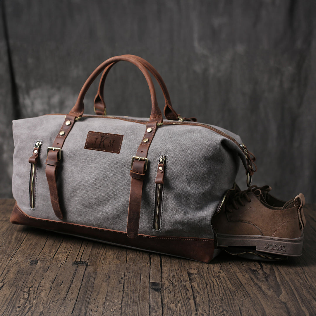 Travel Duffel Bag Waterproof Canvas Leather Weekend Bag Gray / Engraving 3 Travel Duffel Bag Waterproof Canvas Leather Weekend Bag Gray / Engraving 3