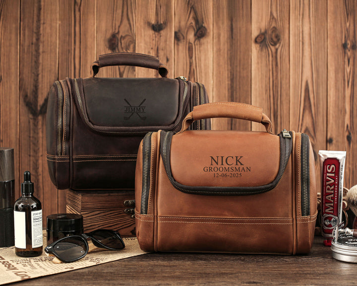 Personalized Leather Travel Dopp Kit, Men’s Toiletry Bag