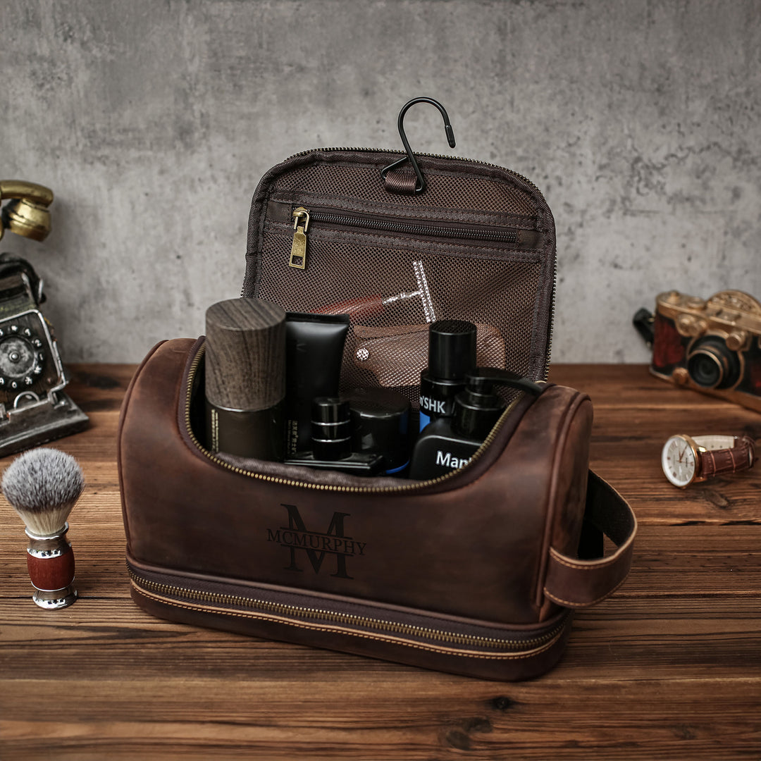 best men toiletry travel bag Vegan Leather Dopp Kit Bag Best Men Gift for Him Reddish Brown / Engraving 8