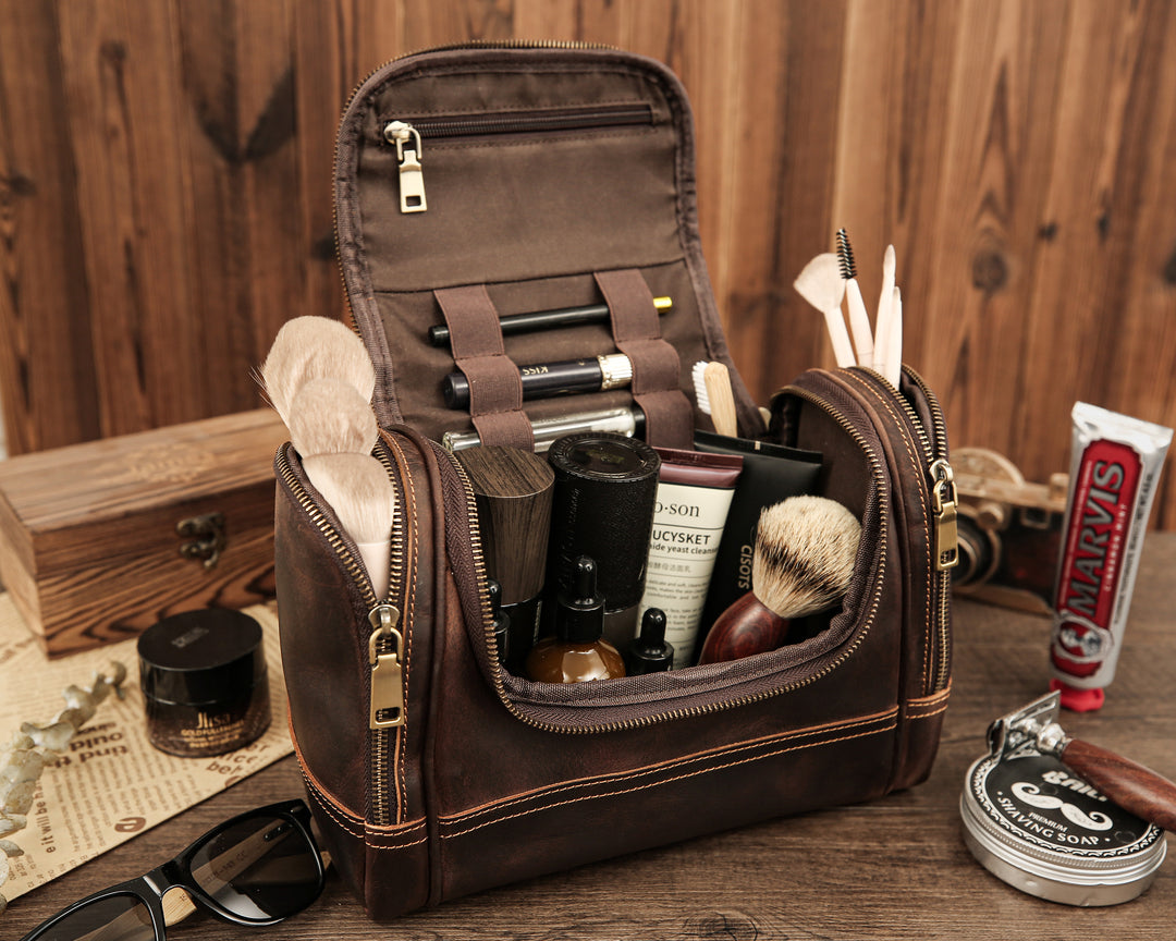 Personalized Leather Travel Dopp Kit, Men’s Toiletry Bag Vintage Brown / Engraving 1