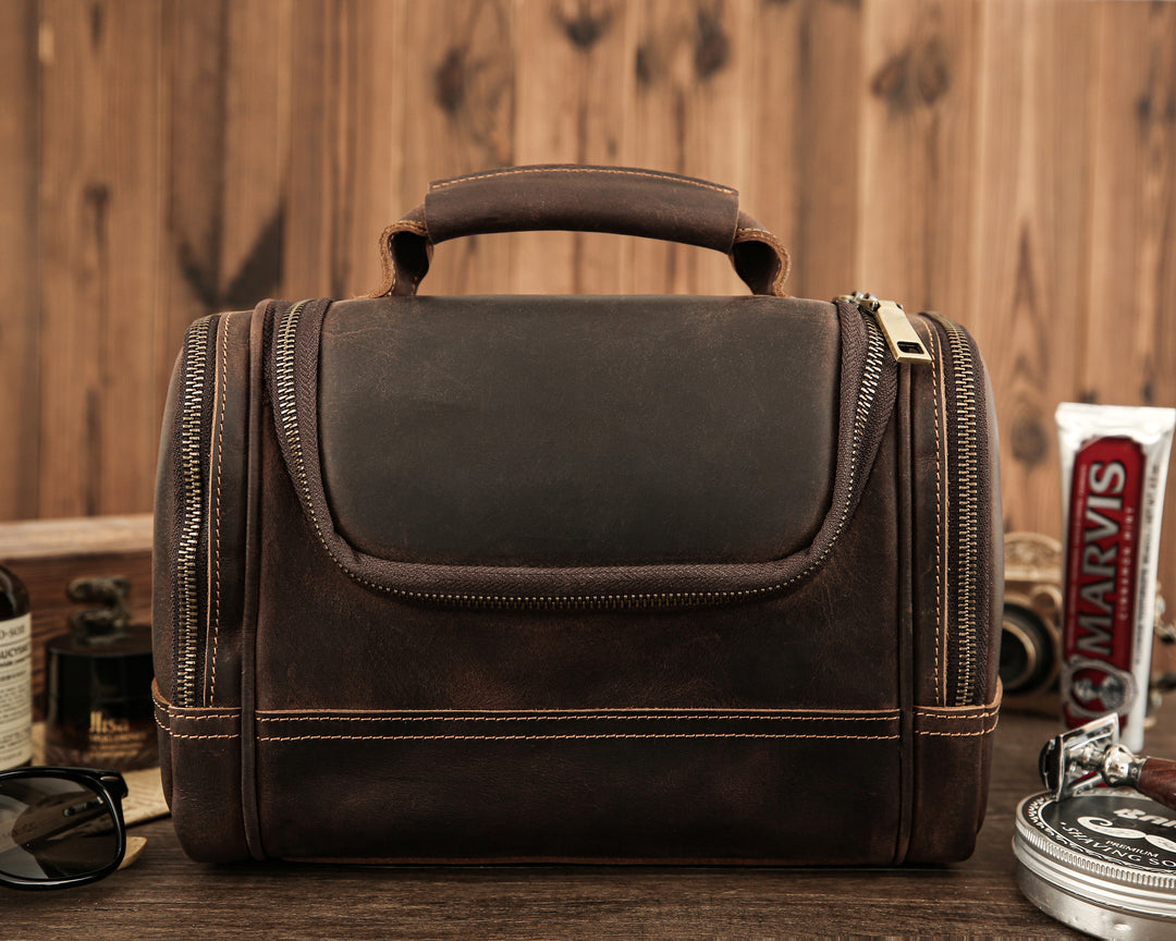 Personalized Leather Travel Dopp Kit, Men’s Toiletry Bag Vintage Brown / Engraving 1