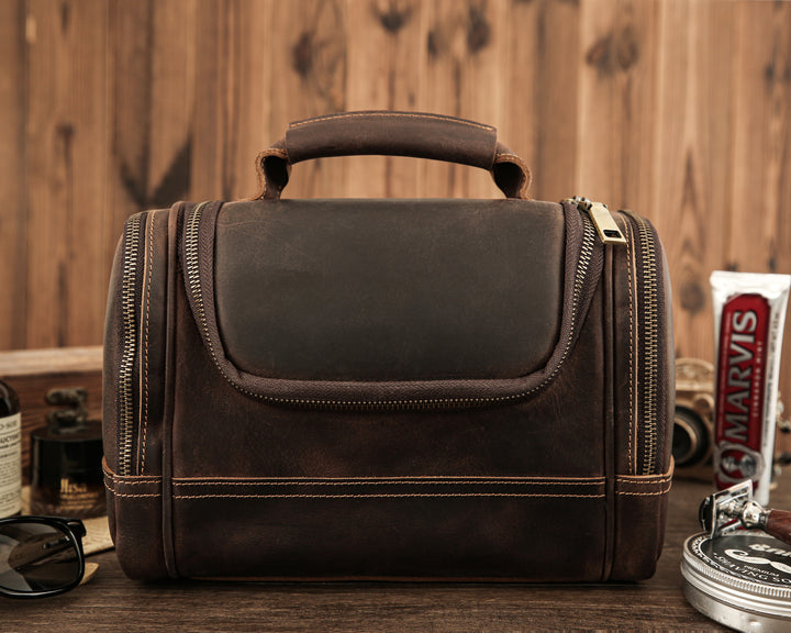 Personalized Leather Travel Dopp Kit, Men’s Toiletry Bag