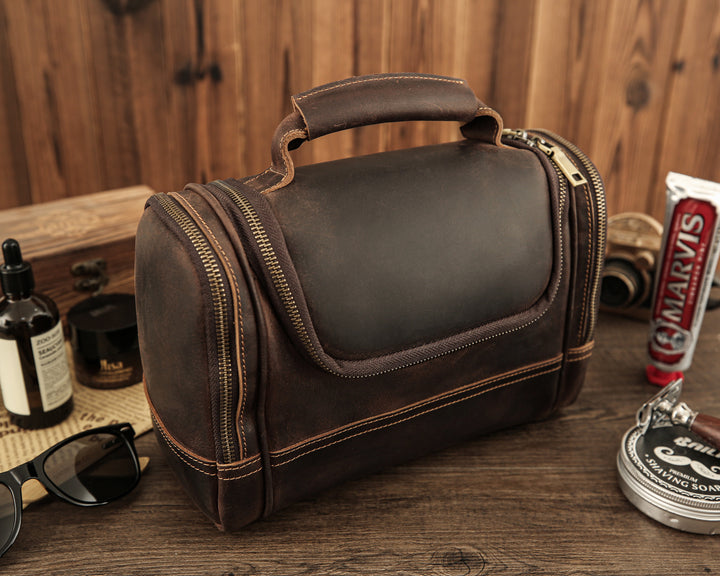 Personalized Leather Travel Dopp Kit, Men’s Toiletry Bag