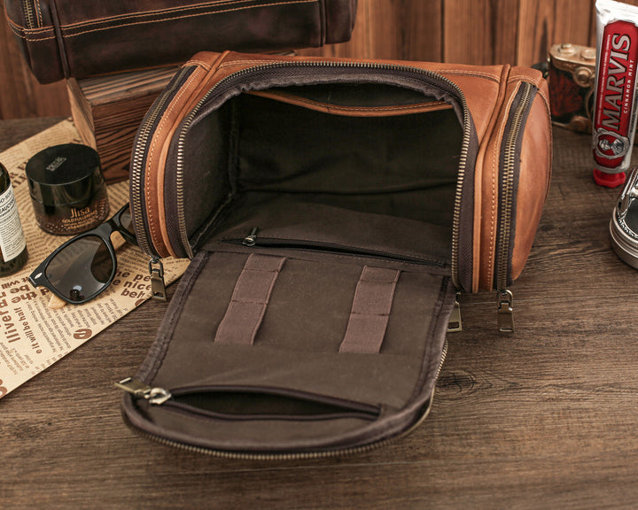 Personalized Leather Travel Dopp Kit, Men’s Toiletry Bag