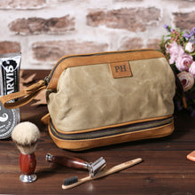 Load image into Gallery viewer, Personalized Waxed Canvas Dopp Kit Mens Toiletry Bag
