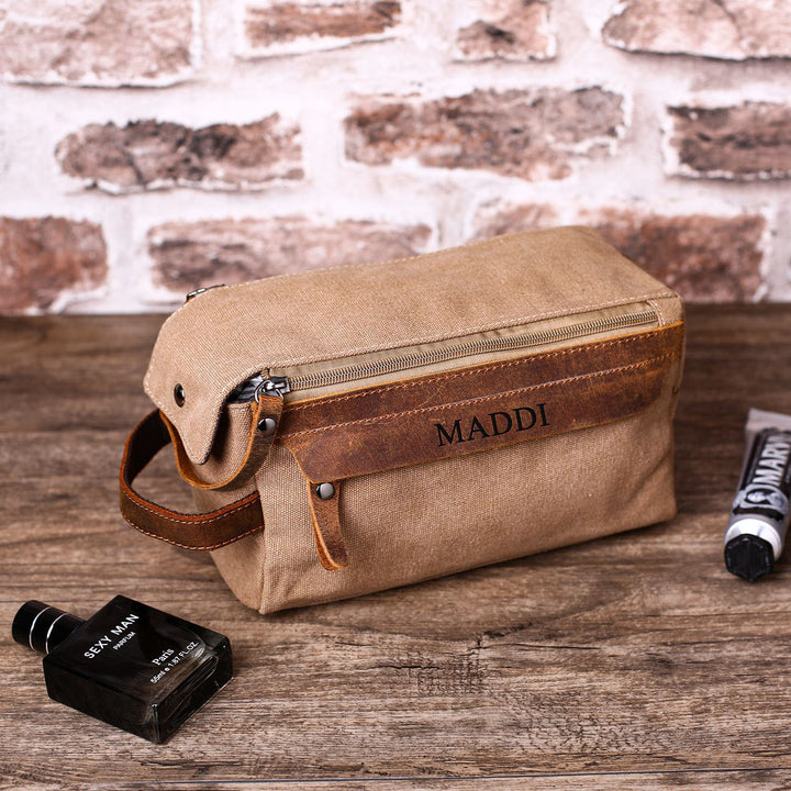 Groomsmen Gift Toiletry Bag Personalized Canvas and Genuine Leather Dopp Kit Groomsman Best Man - NaturalLeatherShop