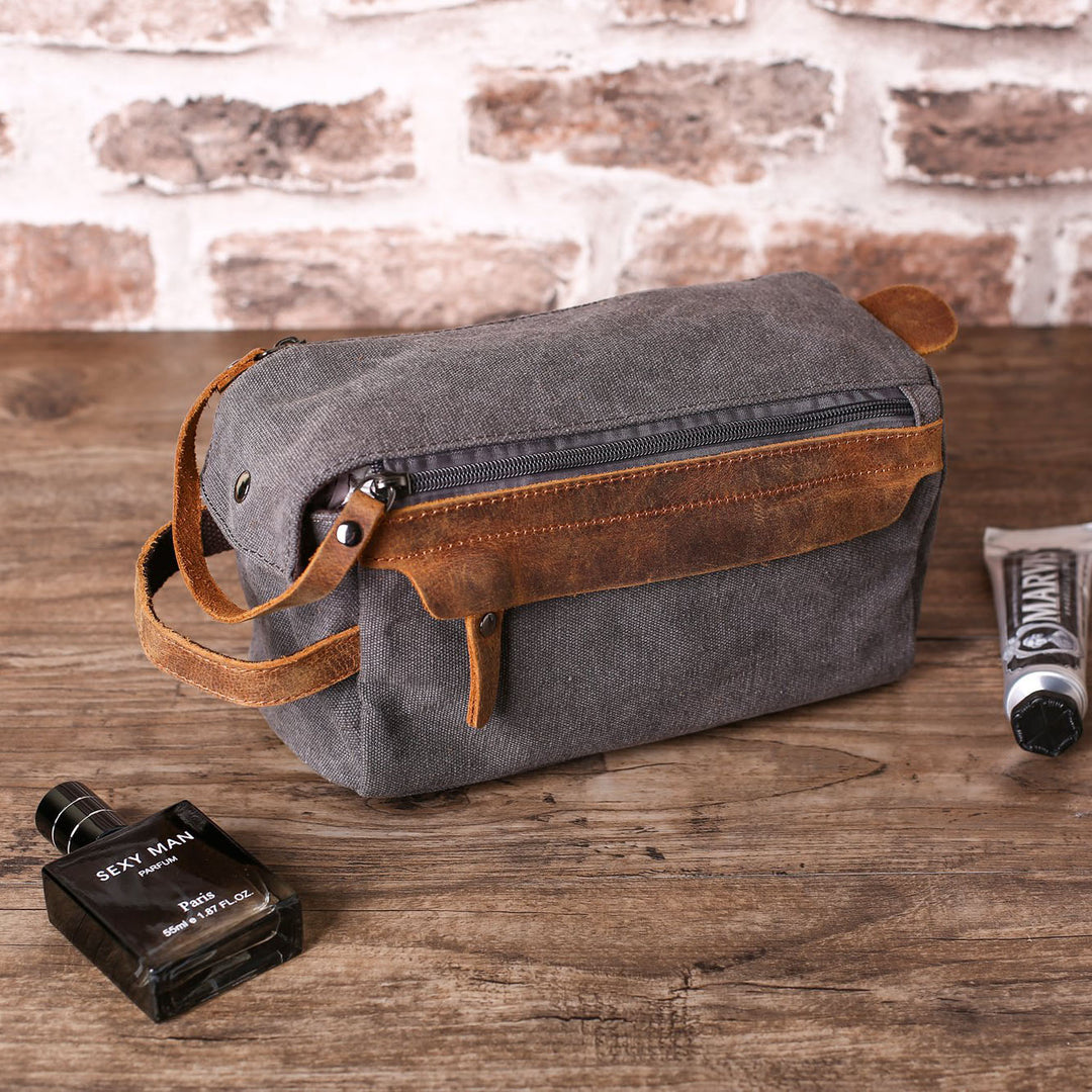 Groomsmen Gift Toiletry Bag Personalized Canvas and Genuine Leather Dopp Kit Groomsman Best Man - NaturalLeatherShop