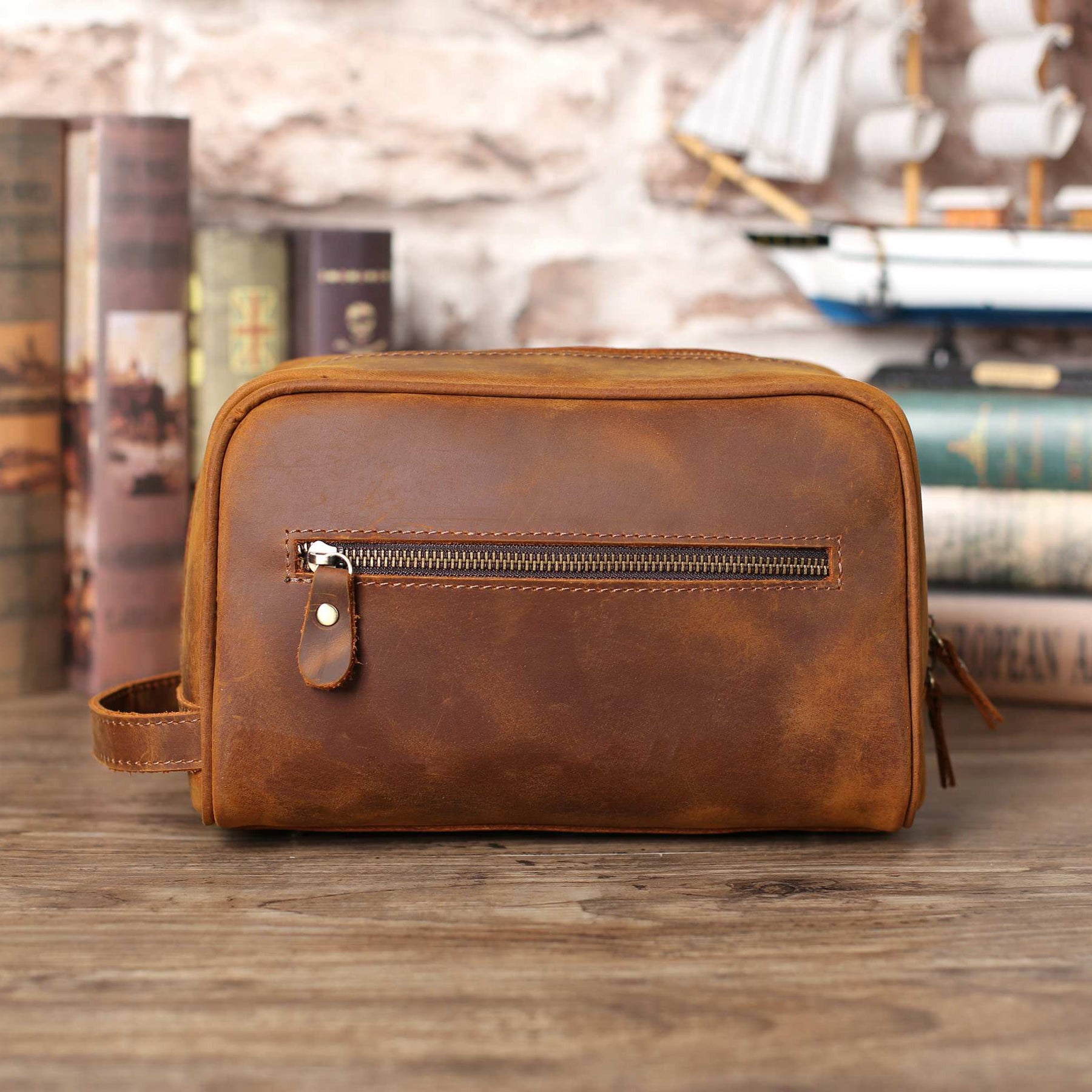 Groovy Guy Leather Personalized Toiletry Bag with Monogrammed Initials -  Brown - Groovy Guy Gifts